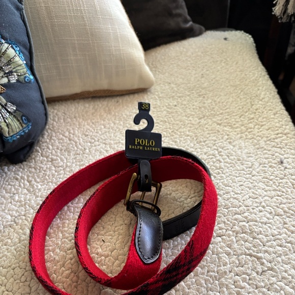 Christmas Polo Ralph Lauren Red Buffalo Plaid Wool Leather Belt Size 38 NWT - Picture 4 of 10